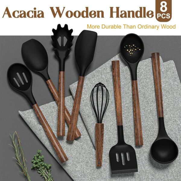 Silicone Cooking Utensil Set, Umite Chef 8-Piece Kitchen Set with Natural Acacia Wooden Handles,Food-Grade Silicone Heads-Silicone Kitchen Gadgets Spatulas Set for Nonstick Cookware- Black - Image 3