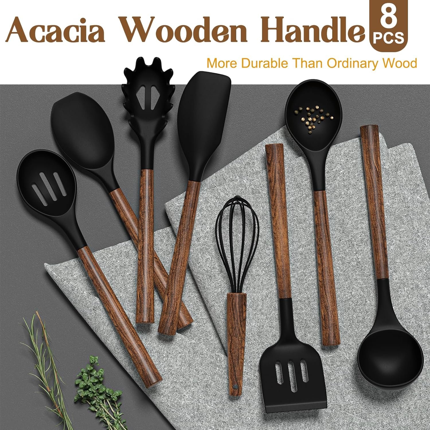 Silicone Cooking Utensil Set, Umite Chef 8-Piece Kitchen Set with Natural Acacia Wooden Handles,Food-Grade Silicone Heads-Silicone Kitchen Gadgets Spatulas Set for Nonstick Cookware- Black - Image 3
