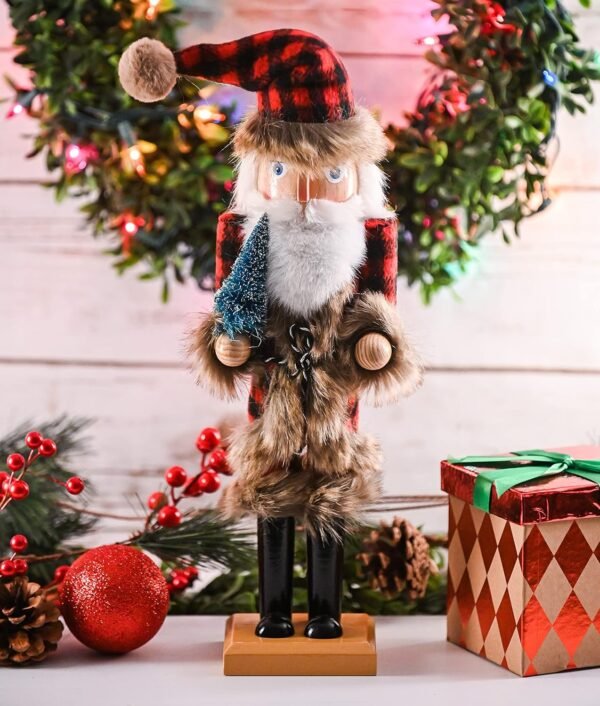 Ornativity Christmas Nostalgic Santa Nutcracker – Red and Black Wooden Nut Cracker Santa Clause Man with Buffalo Brown Fur Plaid Coat Holding a Xmas Tree Themed Holiday Doll Figure Decorations 15" - Image 3