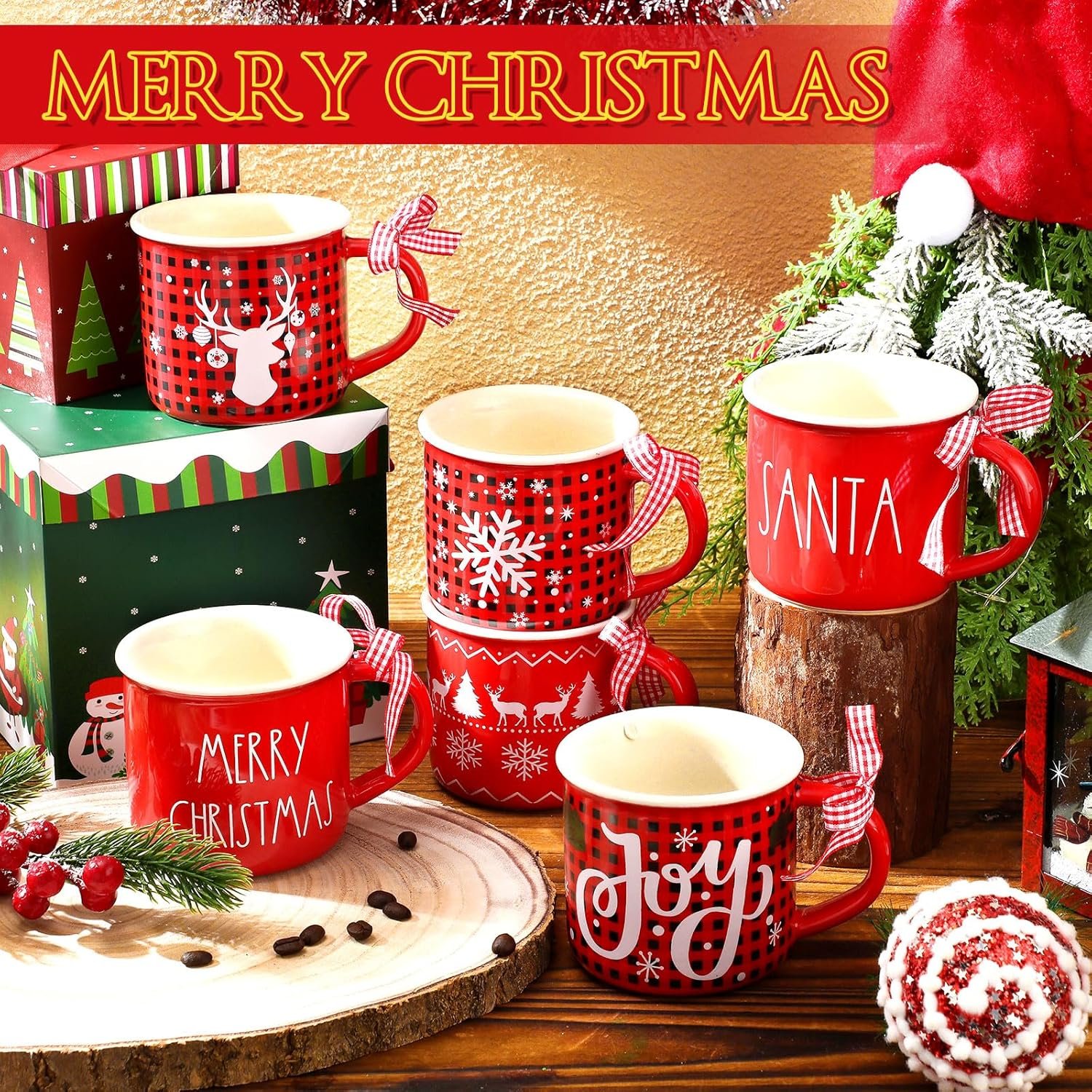 Baderke 12 Pcs Ceramic Christmas Plaid Mug with Ribbon 11 oz Christmas Coffee Mugs Santa Winter Hot Cocoa Design Coffee Mug Holiday Mugs for Christmas Centerpieces Decorations Housewarming Gift - Image 5