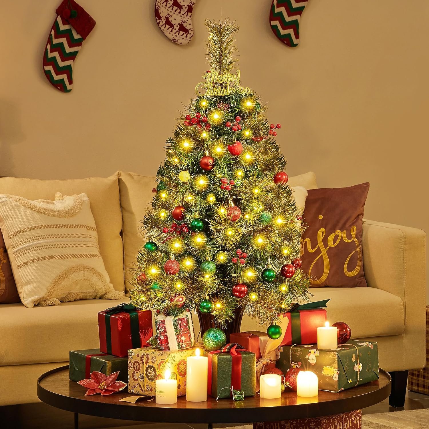 Yaheetech 3ft Pre-lit Tabletop Christmas Tree,2 Pack Little Xmas Tree w/ 50 Warm White LED Lights & Stable Golden Urn Base & 96 PVC Tips & 65 Red Berries for Home Office Festive Decoration - Image 6