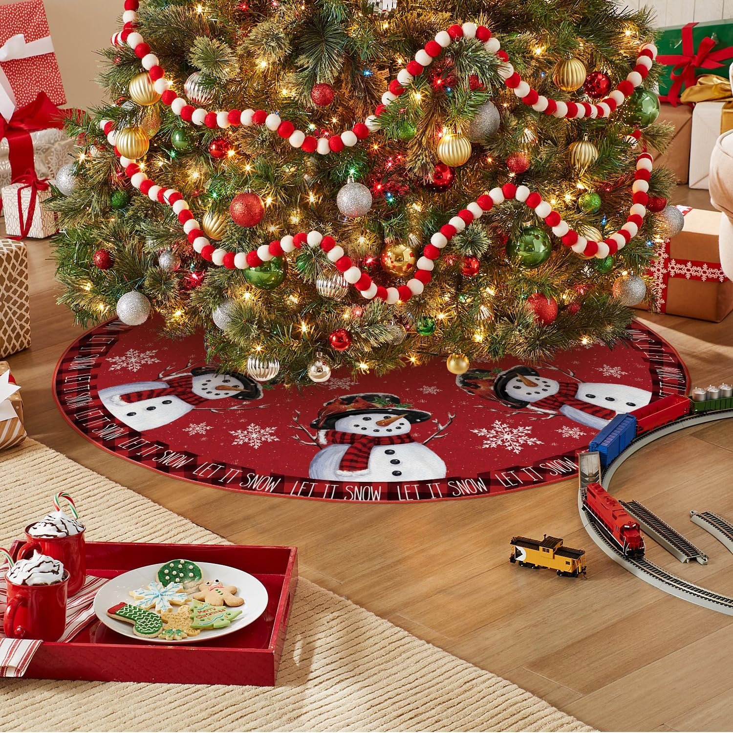 AVOIN colorlife Let It Snow Snowman Christmas Tree Skirt, Xmas Winter Holiday Party Tree Mat Indoor Outdoor Decoration 48 Inch - Image 4