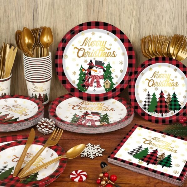 Christmas Paper Plates Napkins Cups Disposable Merry Christmas Party Tableware Supplies Buffalo Plaid Christmas Tree Snowman Paper Dinnerware Set for Holiday Xmas Party Supplies, Serve 25 - Image 5