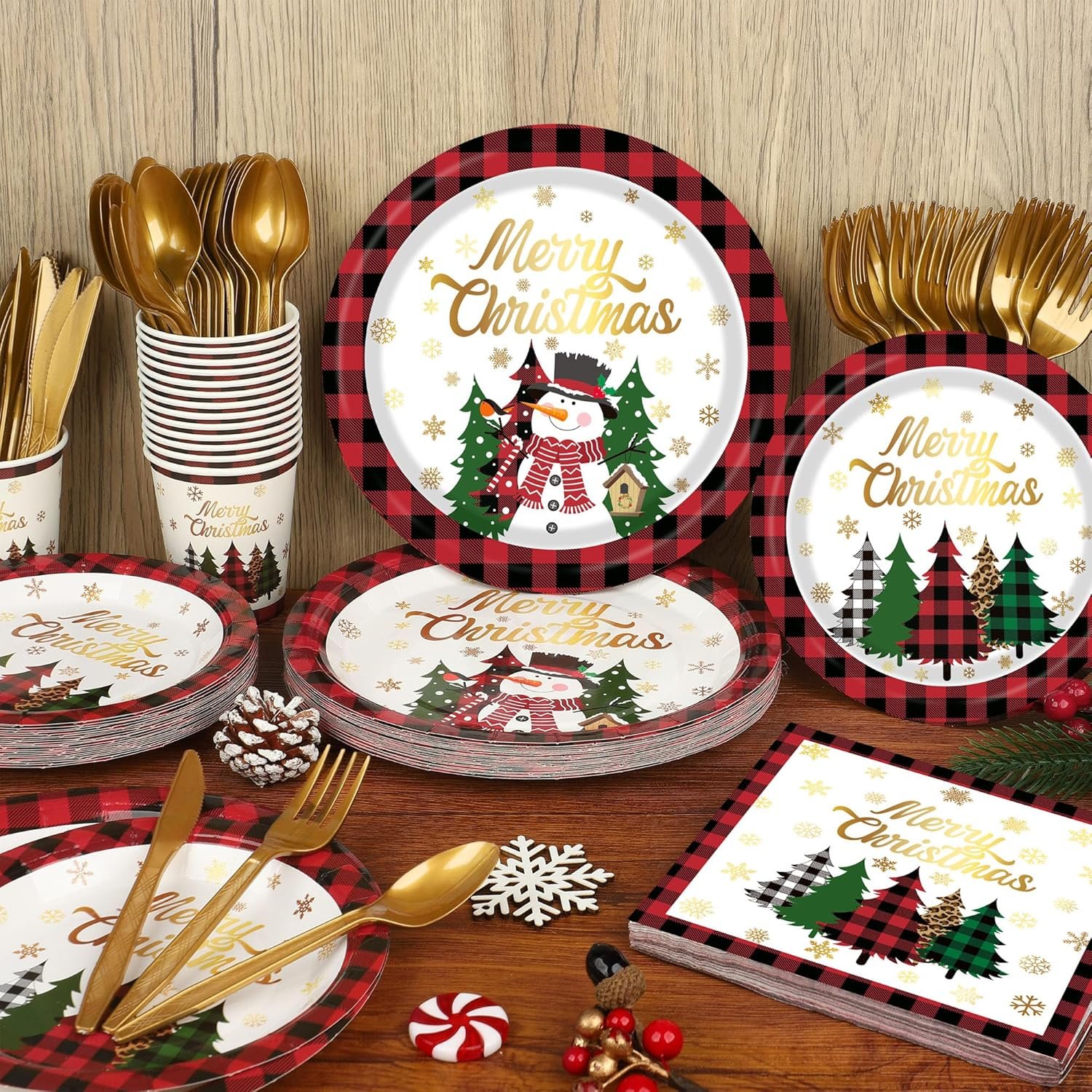 Christmas Paper Plates Napkins Cups Disposable Merry Christmas Party Tableware Supplies Buffalo Plaid Christmas Tree Snowman Paper Dinnerware Set for Holiday Xmas Party Supplies, Serve 25 - Image 5
