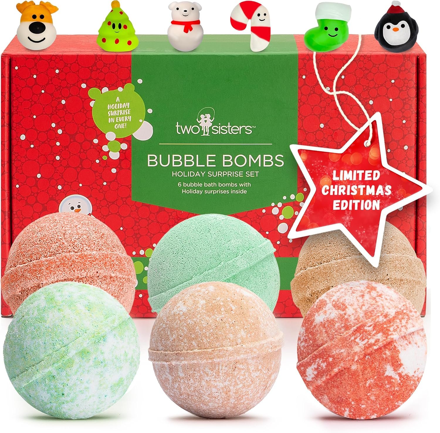 Christmas Bath Bombs for Kids with Surprise Toys Inside (6 Pack) - Christmas Gifts and Stocking Stuffers for Kids & Boys and Girls - Holiday Bubble Bath with Cheerful Scents, USA Made by Two Sisters - Image 2