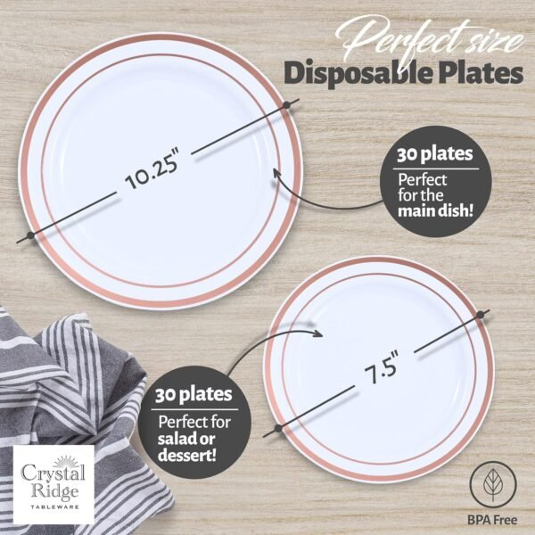 60-Piece Plastic Plates Set Premium 30 Dinner Plates & 30 Salad Plates Pack, Disposable Plates for Party - White Plastic Wedding Plates with Rose Gold Rim - Image 3