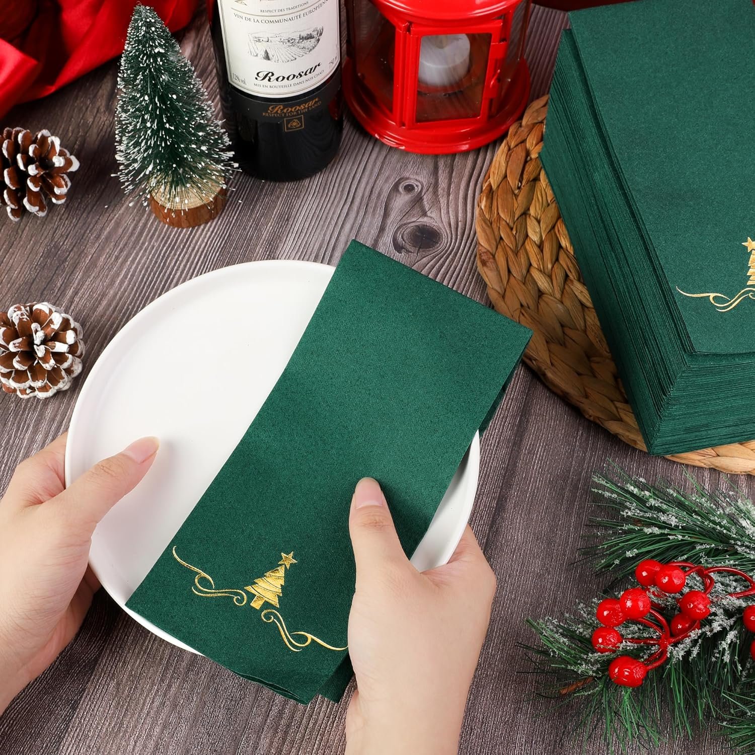 100 Pack Christmas Disposable Guest Napkins 12 x 17 Inch Gold Foil Christmas Trees Napkins Xmas Tree Hand Towels for Bathroom Kitchen Weddings Christmas Holiday Party, Green - Image 6