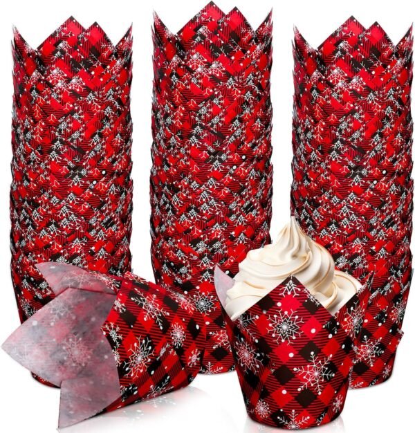 Whaline 200Pcs Christmas Plaid Tulip Cupcake Liners Plaid Snowflake Muffin Tulip Baking Cups Xmas Red Black Tulip Cupcake Wrappers for Holiday Party Supplies - Image 2