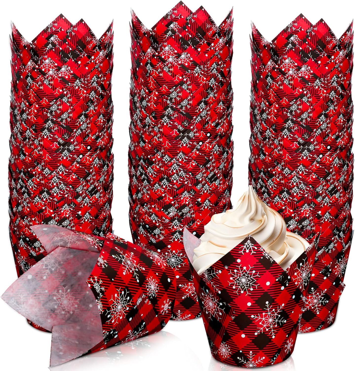 Whaline 200Pcs Christmas Plaid Tulip Cupcake Liners Plaid Snowflake Muffin Tulip Baking Cups Xmas Red Black Tulip Cupcake Wrappers for Holiday Party Supplies - Image 2