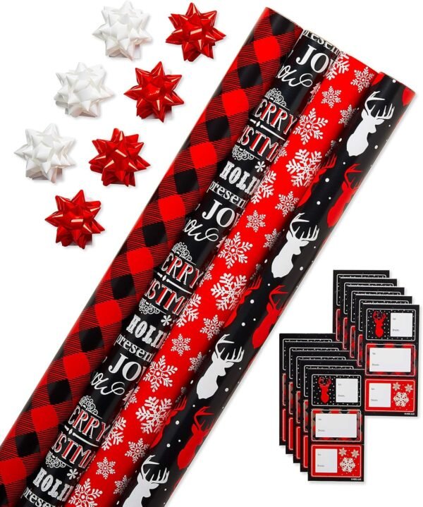 American Greetings 120 sq. ft. Red and Black Christmas Wrapping Paper Set with Cut Lines (4 rolls 30 in. x 12 ft., 7 Bows, 30 Gift Tags), Christmas Text, Plaid, Reindeer and Snowflakes - Image 2