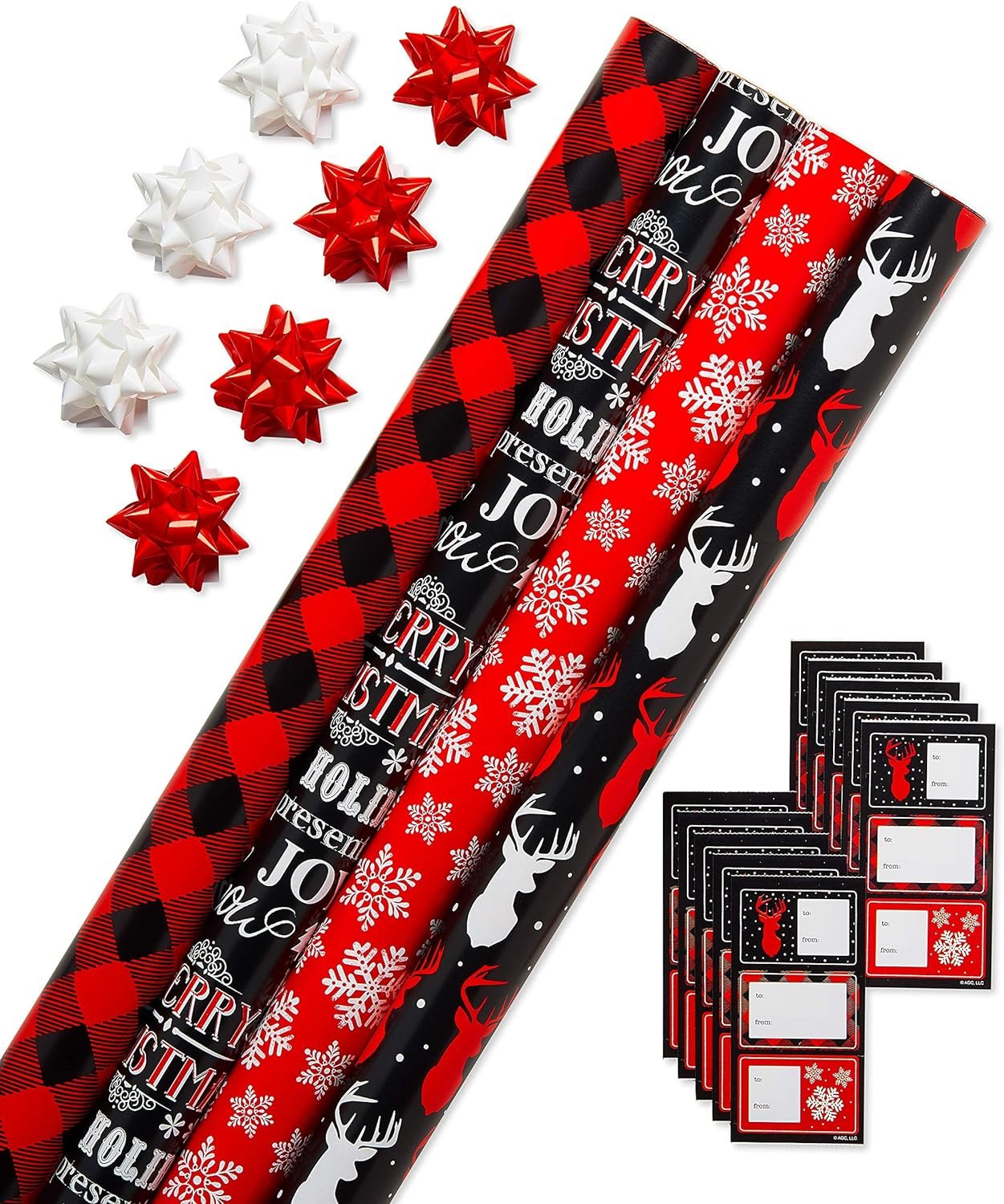 American Greetings 120 sq. ft. Red and Black Christmas Wrapping Paper Set with Cut Lines (4 rolls 30 in. x 12 ft., 7 Bows, 30 Gift Tags), Christmas Text, Plaid, Reindeer and Snowflakes - Image 2