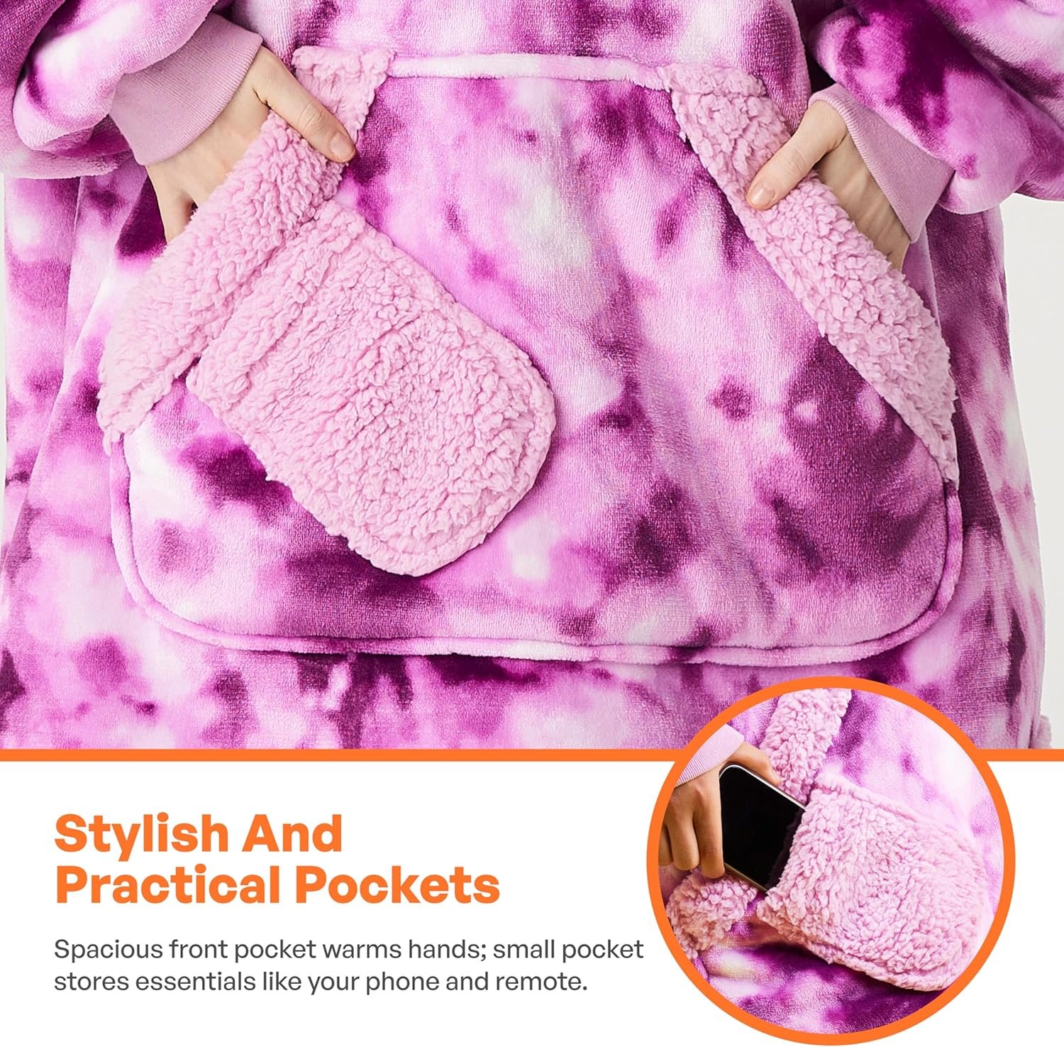 Giggling Getup Wearable Blanket Hoodie for Women Men - Oversized Flannel Sherpa Fleece Sweatshirt Blanket - with Giant Pocket & Sleeves - Cozy Warm Blanket Birthday Gifts for Adults Purple Tie Dye - Image 6