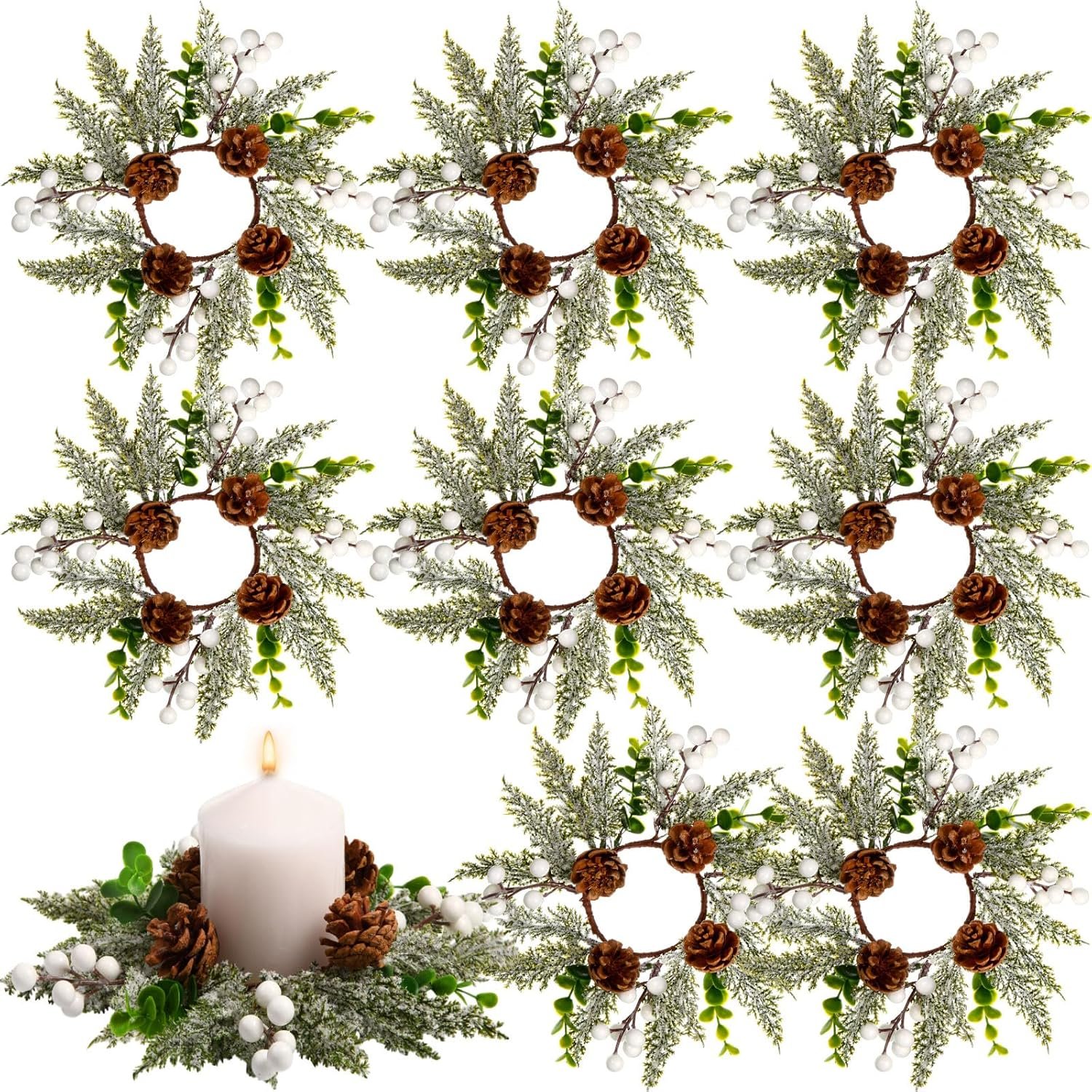 9 Pcs Christmas Candle Rings Wreath Artificial Red Berries and Pine Cones Candle Wreaths Snowy Pine Garland Candle Ring Holder for Christmas Wedding Festive Home Table Decoration - Image 2