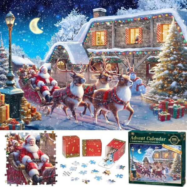 Christmas Jigsaw Puzzles Advent Calendar 2024, 1008 Pieces Puzzle 24 Days Christmas Countdown Calendar Family Game Christmas Gifts for Kids Teens Adults - Santa is Delivering Gifts - Image 2