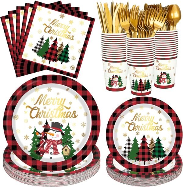 Christmas Paper Plates Napkins Cups Disposable Merry Christmas Party Tableware Supplies Buffalo Plaid Christmas Tree Snowman Paper Dinnerware Set for Holiday Xmas Party Supplies, Serve 25 - Image 2