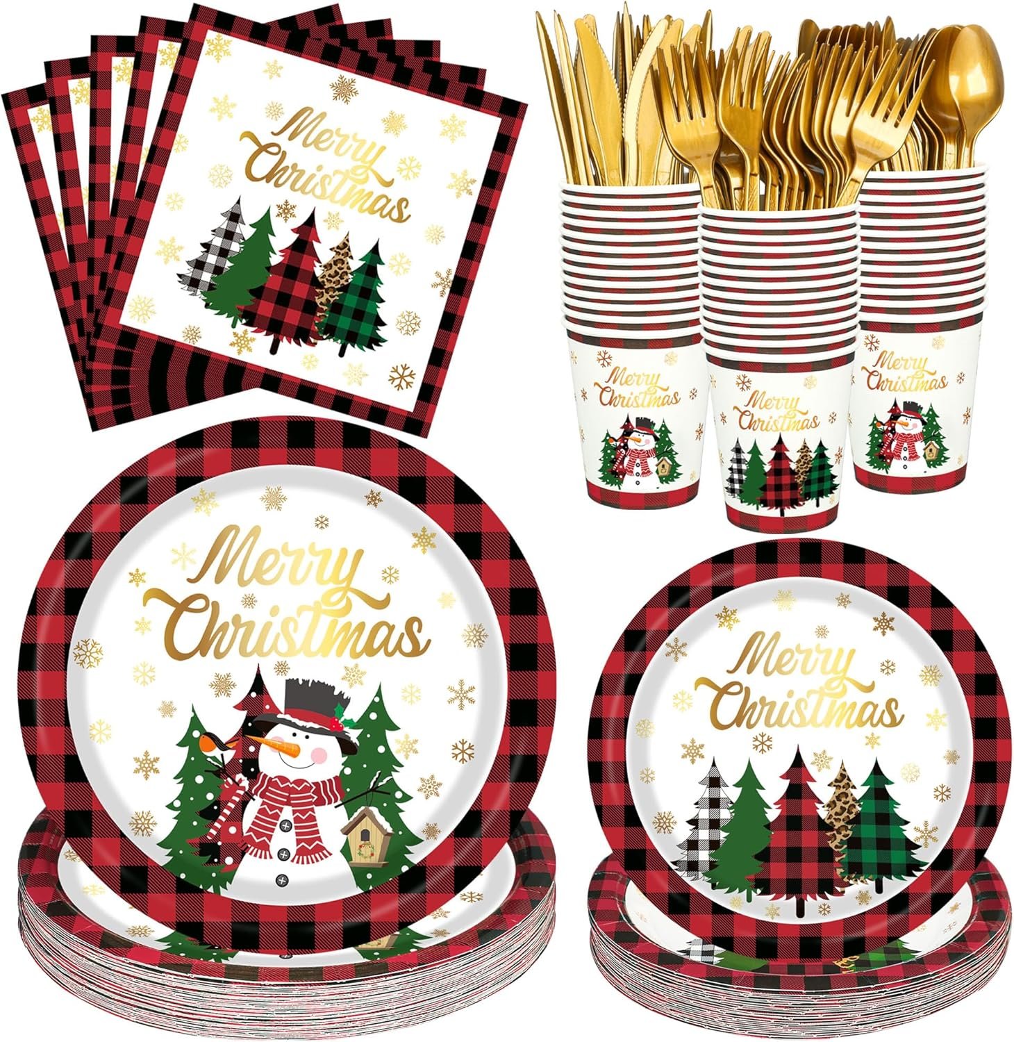 Christmas Paper Plates Napkins Cups Disposable Merry Christmas Party Tableware Supplies Buffalo Plaid Christmas Tree Snowman Paper Dinnerware Set for Holiday Xmas Party Supplies, Serve 25 - Image 2