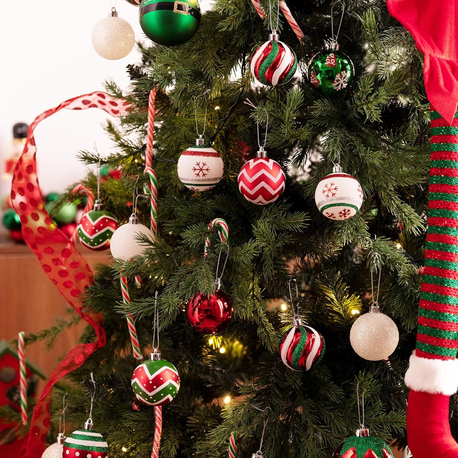 Valery Madelyn Christmas Ornaments Tree Decorations, 30ct Red Green White Shatterproof Christmas Ball Ornaments Set, 2.36 Inch Decorative Hanging Ornament Bulk for Xmas Holiday Party Decor - Image 7