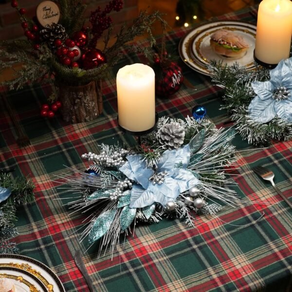 Meonum 37in Christmas Centerpieces for Tables Decorations with 3 Glitter Blue Poinsettia, 3 Candle Holders, 10 Zip Ties, Enchanting Blue Christmas Dining Table Centerpieces Entryway, Mantel, Holiday - Image 7