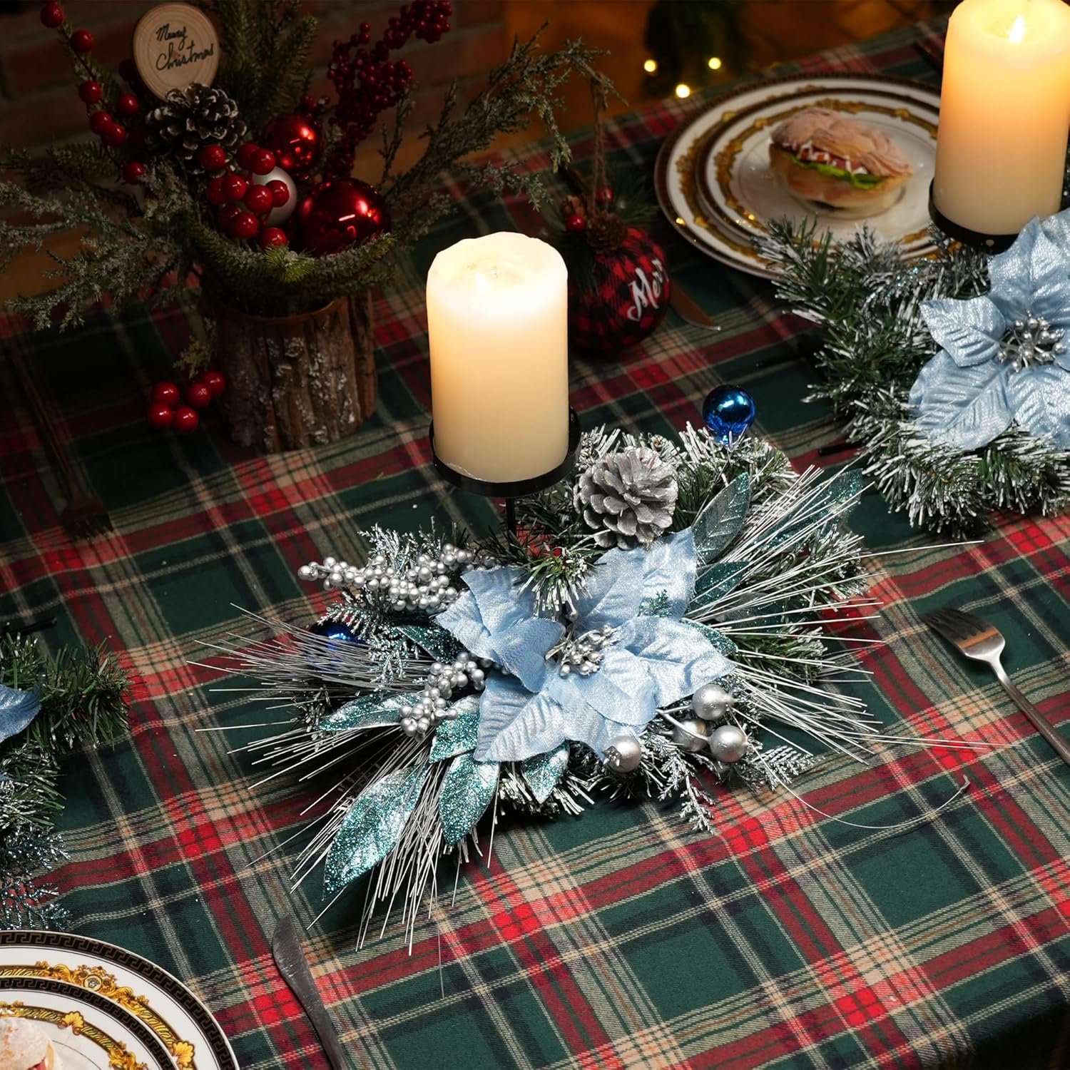 Meonum 37in Christmas Centerpieces for Tables Decorations with 3 Glitter Blue Poinsettia, 3 Candle Holders, 10 Zip Ties, Enchanting Blue Christmas Dining Table Centerpieces Entryway, Mantel, Holiday - Image 7
