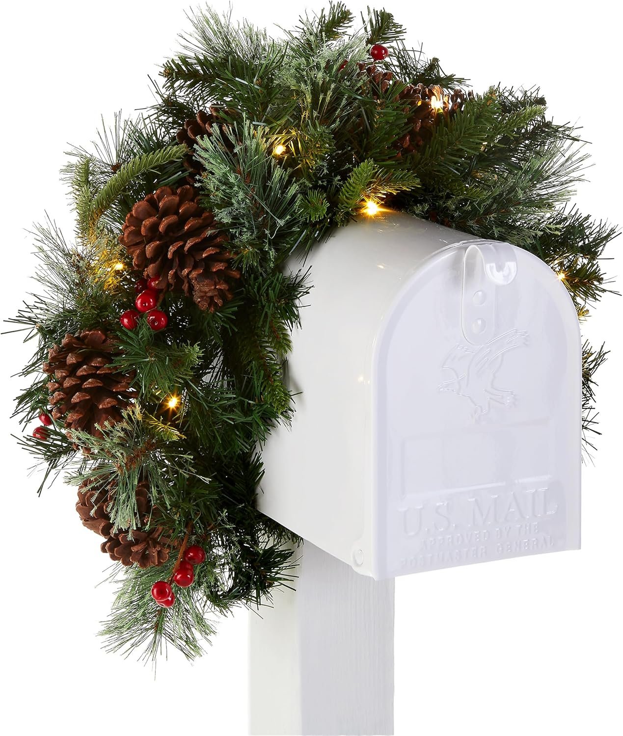 National Tree Company Pre-lit Artificial Christmas Mail Box Swag Flocked with Mixed Decorations and White LED Lights Colonial-36 Inch - Image 2