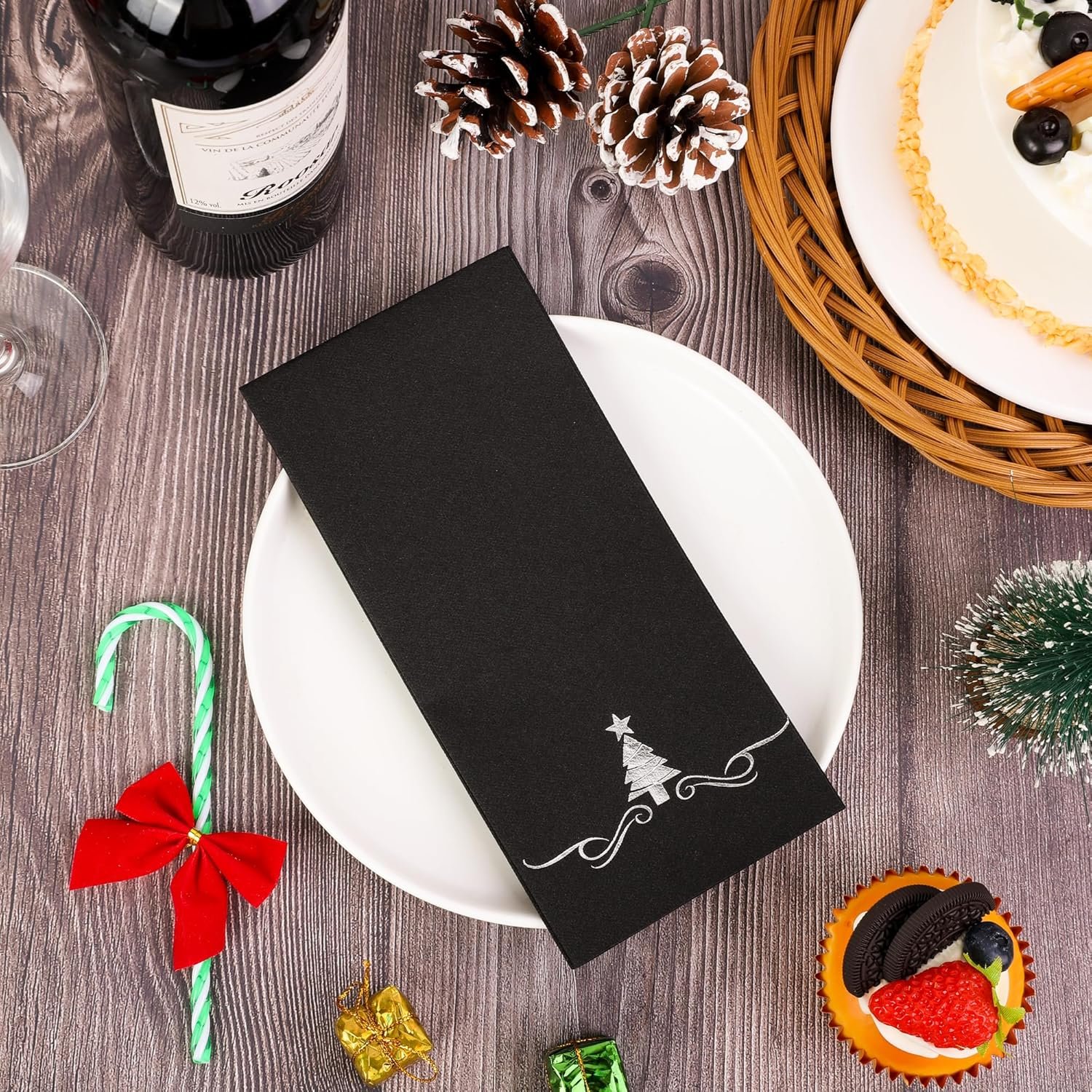 100 Pack Christmas Disposable Guest Napkins 12 x 17 Inch Silver Foil Christmas Trees Napkins Xmas Tree Hand Towels for Bathroom Kitchen Weddings Christmas Holiday Party, Black - Image 5