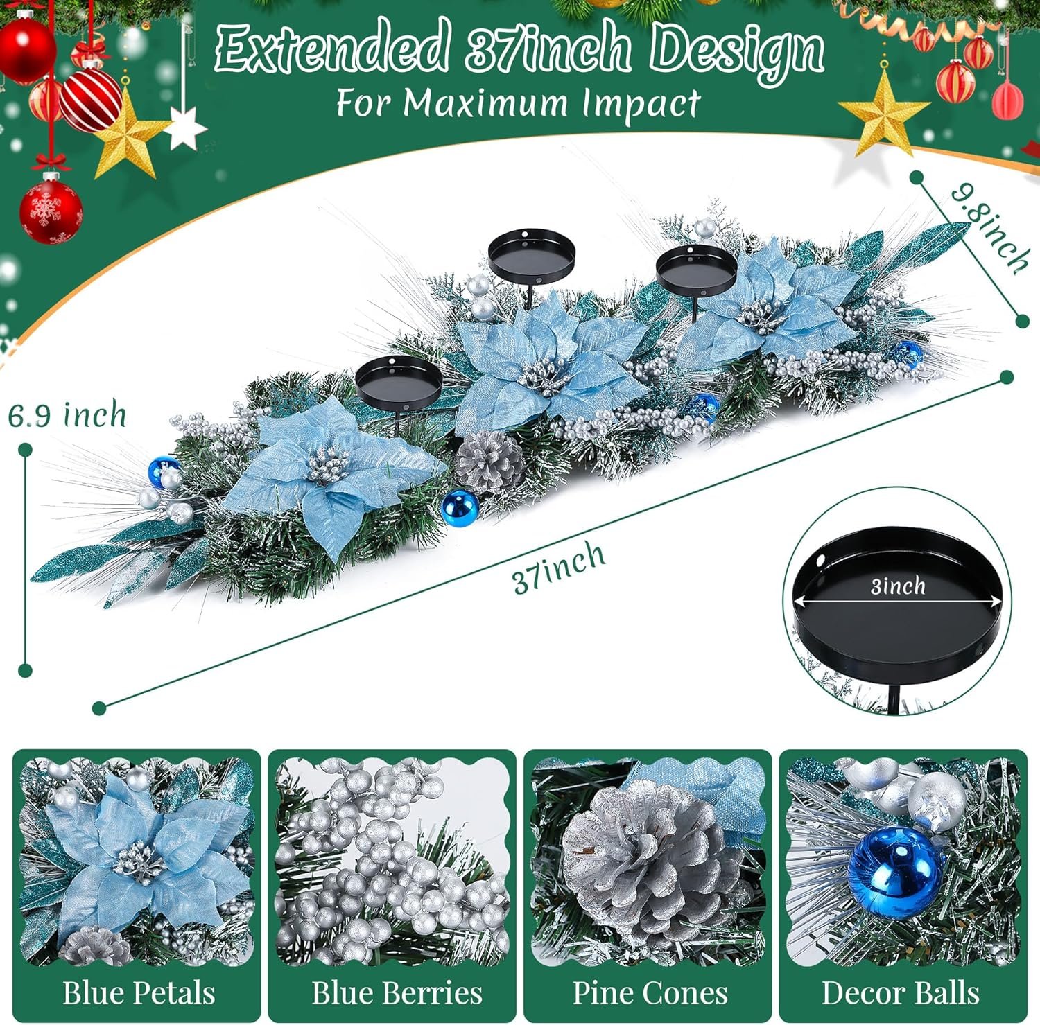 Meonum 37in Christmas Centerpieces for Tables Decorations with 3 Glitter Blue Poinsettia, 3 Candle Holders, 10 Zip Ties, Enchanting Blue Christmas Dining Table Centerpieces Entryway, Mantel, Holiday - Image 5