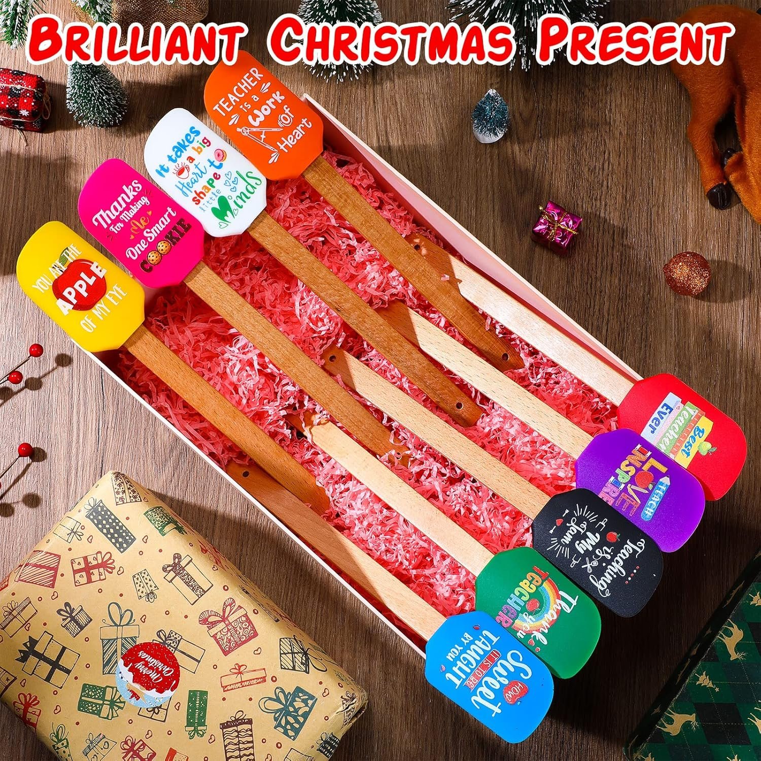 Nuogo 9 Pcs Teacher Appreciation Spatula Thank You Teacher Gifts Funny Silicone Spatulas Bulk Kitchen Spatulas Wooden Handle Spatula for Cooking Baking Thanksgiving Christmas End of Year Gift - Image 8