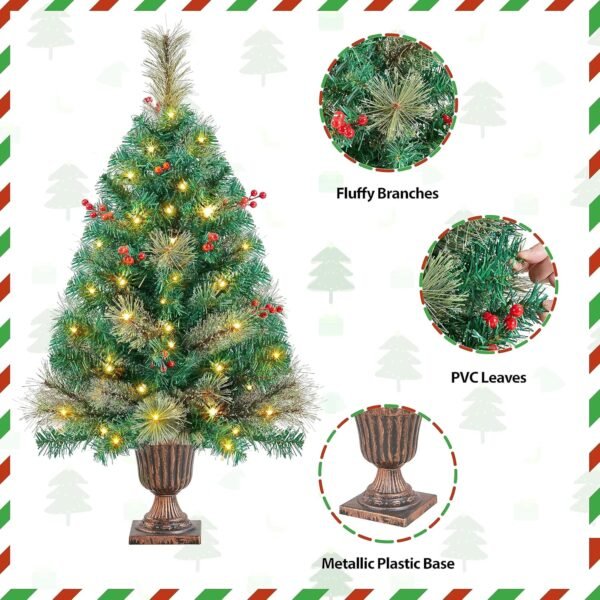 Yaheetech 3ft Pre-lit Tabletop Christmas Tree,2 Pack Little Xmas Tree w/ 50 Warm White LED Lights & Stable Golden Urn Base & 96 PVC Tips & 65 Red Berries for Home Office Festive Decoration - Image 8