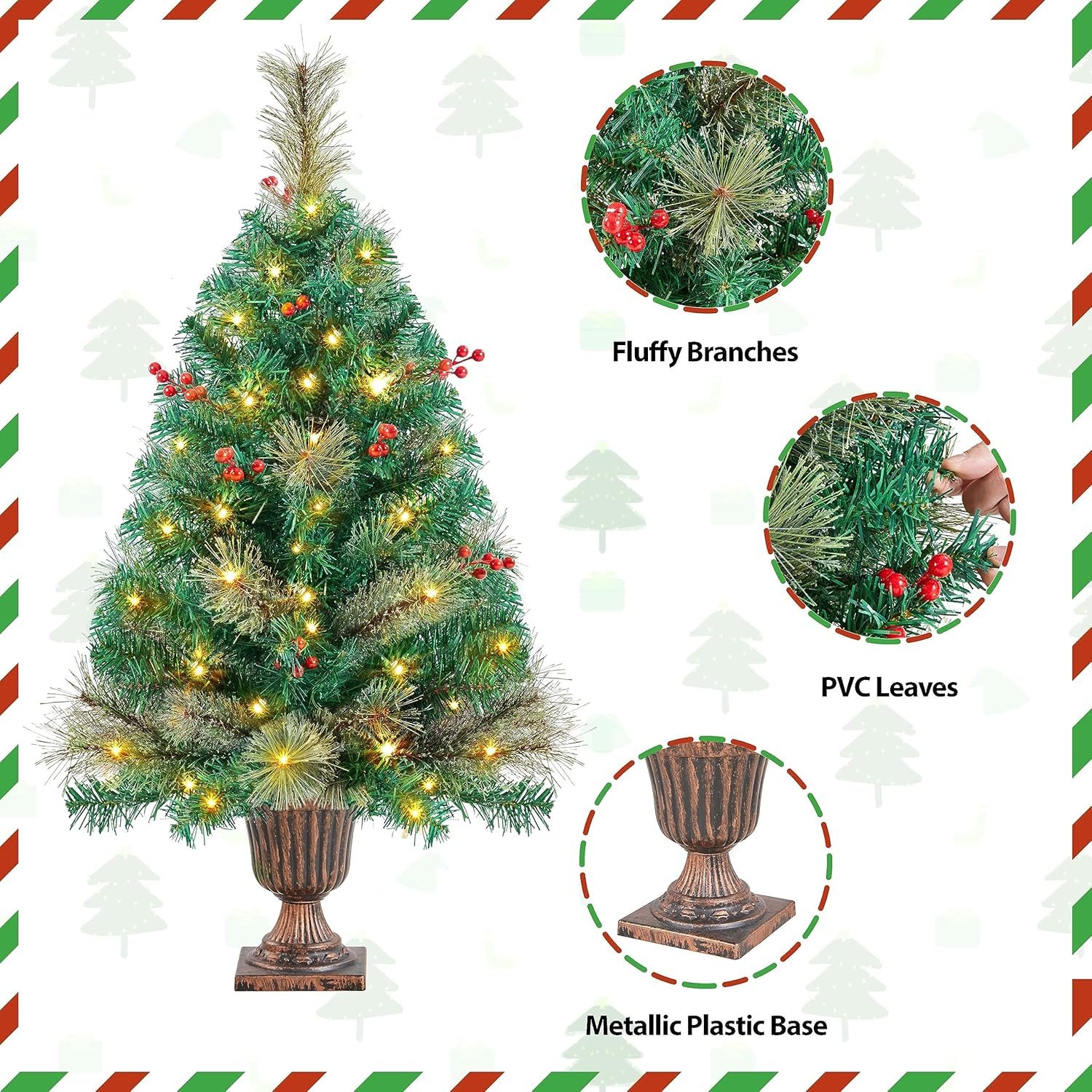 Yaheetech 3ft Pre-lit Tabletop Christmas Tree,2 Pack Little Xmas Tree w/ 50 Warm White LED Lights & Stable Golden Urn Base & 96 PVC Tips & 65 Red Berries for Home Office Festive Decoration - Image 8