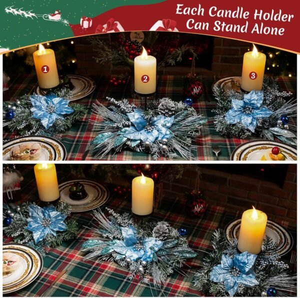 Meonum 37in Christmas Centerpieces for Tables Decorations with 3 Glitter Blue Poinsettia, 3 Candle Holders, 10 Zip Ties, Enchanting Blue Christmas Dining Table Centerpieces Entryway, Mantel, Holiday - Image 6
