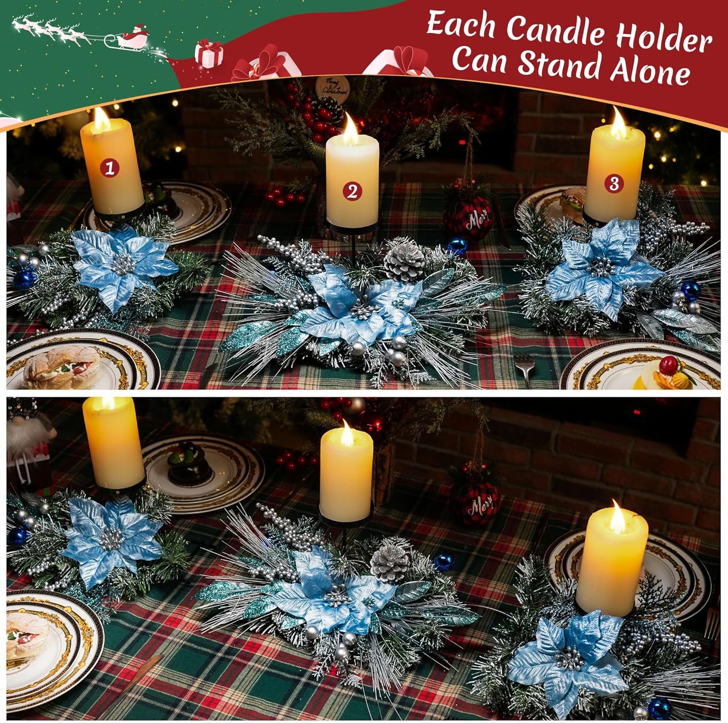 Meonum 37in Christmas Centerpieces for Tables Decorations with 3 Glitter Blue Poinsettia, 3 Candle Holders, 10 Zip Ties, Enchanting Blue Christmas Dining Table Centerpieces Entryway, Mantel, Holiday - Image 6