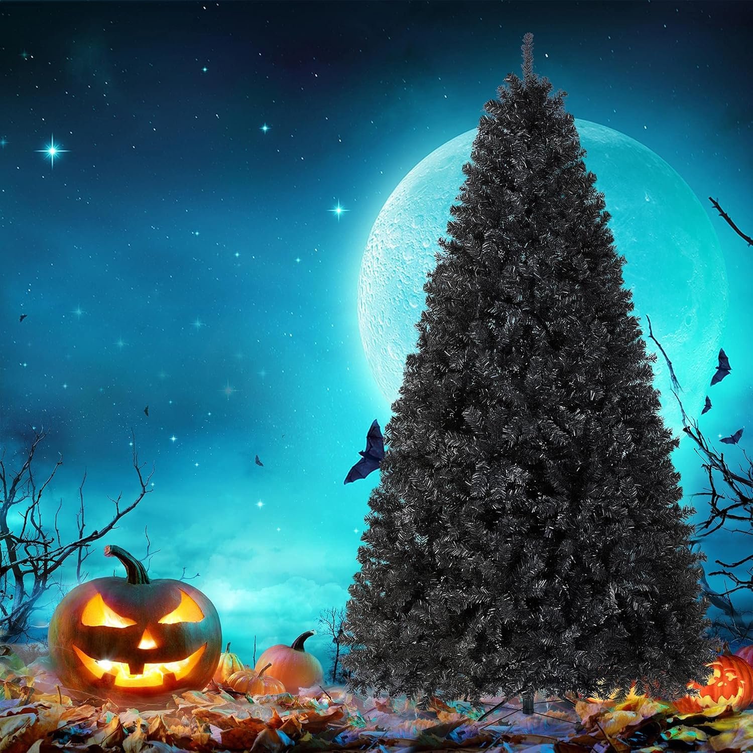 Yaheetech 7.5ft Black Artificial Christmas Pine Tree Seasonal Holiday Carnival Home Party Decoration for Home, Office Indoor Outdoor with 1749 Branch Tips and Foldable Stand - Image 7