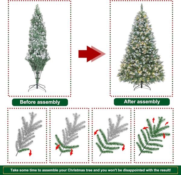 6FT Pre-Decorated Holiday Christmas Tree for Home, Office, Party Decoration 810 PVC Branch Tips, Partially Flocked Design, Pine Cones, Metal Hinges & Base - Green/White - Image 4