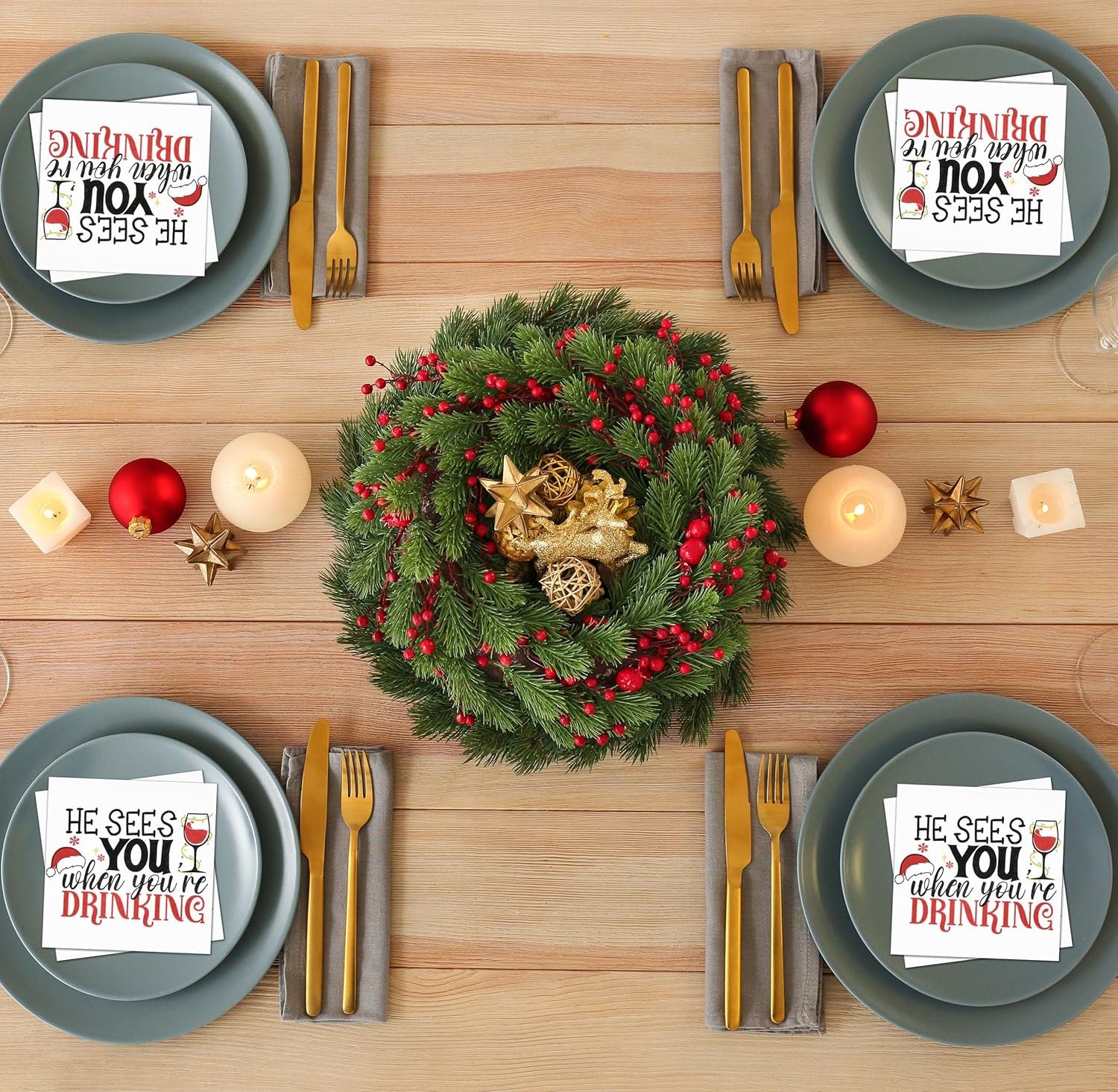 100 Count Christmas Funny Cocktail Beverage Napkins Holiday Disposable Paper Napkin He Sees You When You're Drinking Dessert Napkins for Home Dinner Buffet Xmas Tableware Party Supplies Decorations - Image 4