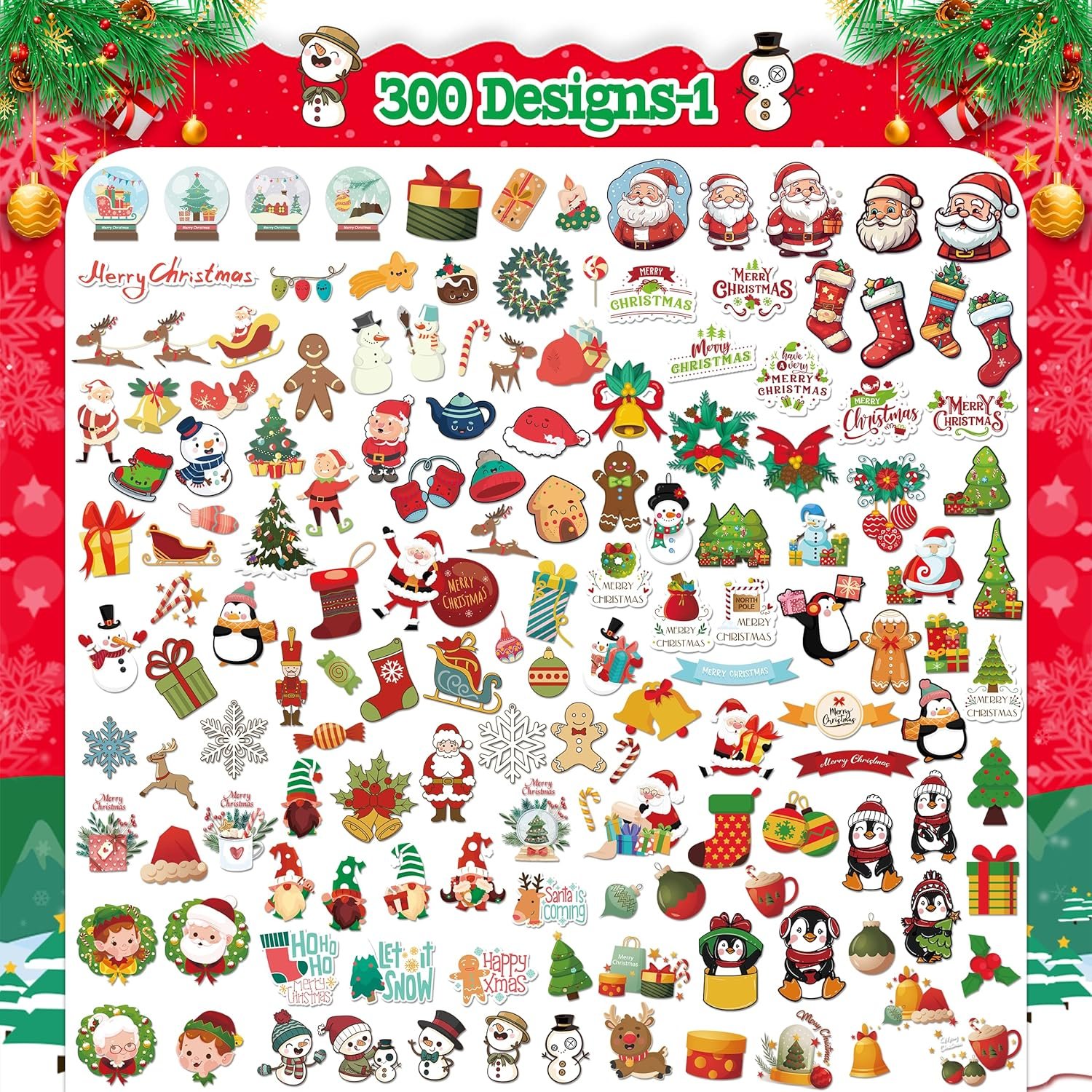 LINAYE 300PCS Christmas Stickers Non-Repeating Waterproof, Adhesive Vinyl Cute Christmas Stickers Pack for Kids, Christmas Party Favors Gifts, Christmas Stickers Bulk for Boys Girls - Image 3