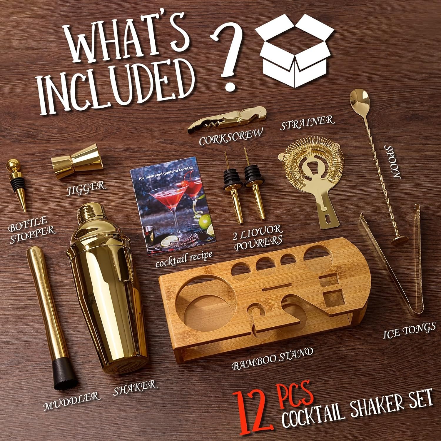 Cocktail Shaker Set Bartender Kit : 12-Piece Bar Tool Set with Bamboo Stand | Bar Set with All Practical Bar Accessories, for Drink Mixing, Bar, Home, Lounge & Party (Gold) - Image 3