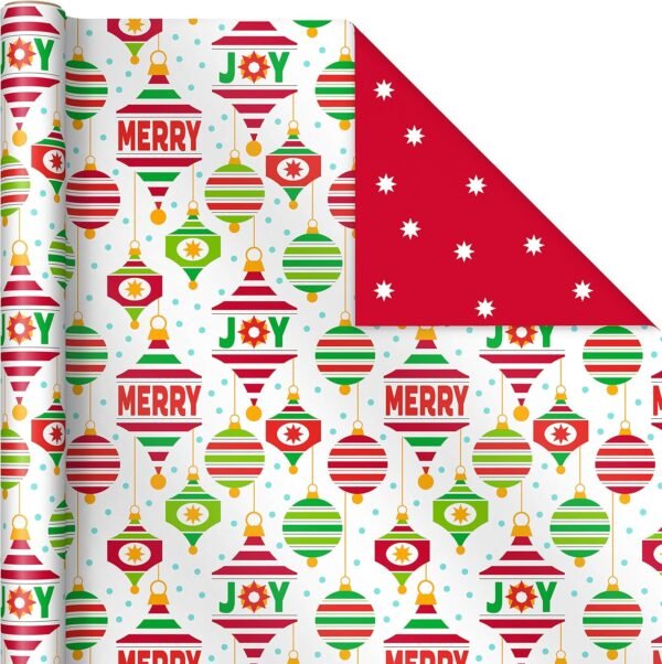 Hallmark Reversible Christmas Wrapping Paper for Kids (3 Rolls: 120 sq. ft. ttl) Orange and Teal Stripes, Trees, Ornaments, Polka Dots - Image 6