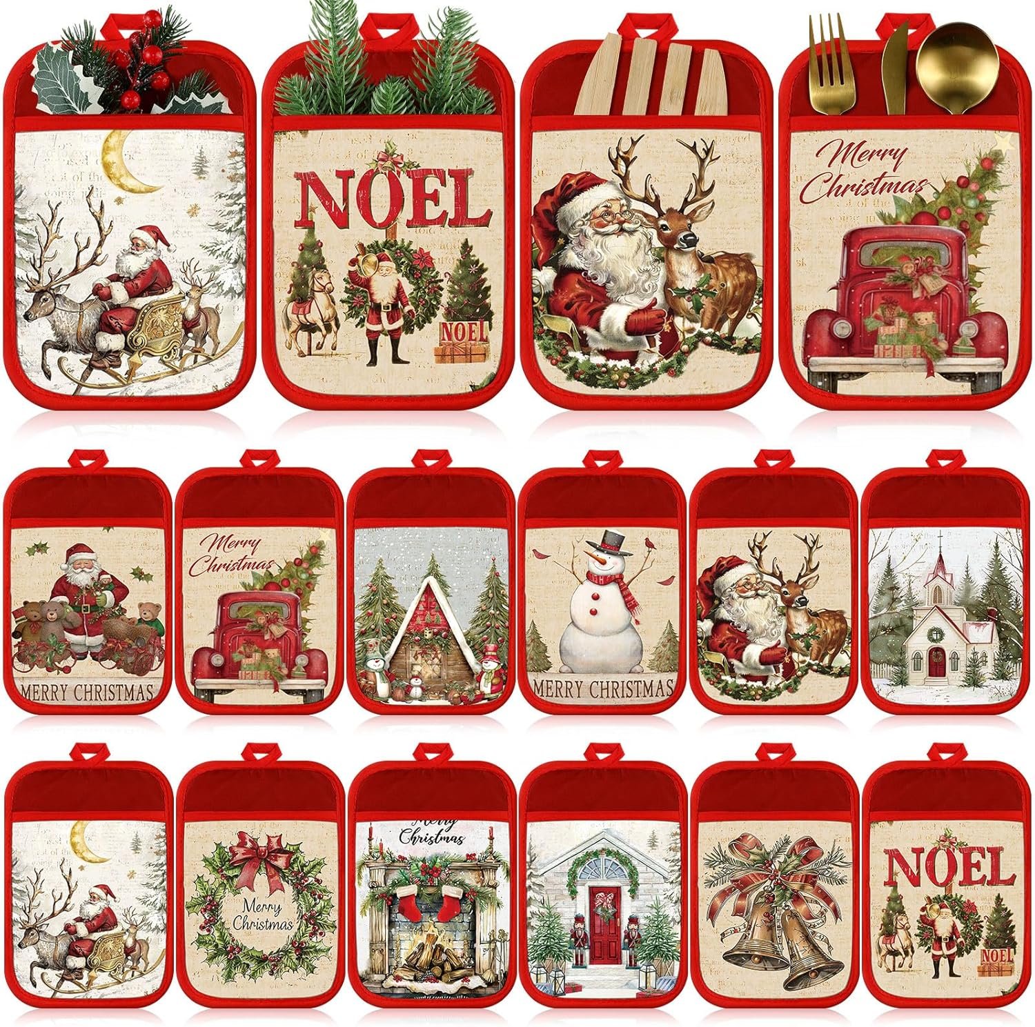 12 Pcs Christmas Pot Holders with Pocket Xmas Retro Pot Holders for Kitchen Winter Hot Pads Oven Mitts Cookie Bag Cute Heat Resistant Farmhouse Oven Gloves Baking Cooking - Image 2