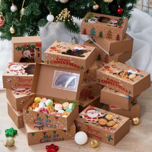 JOYIN 24PCS Christmas Cookie Boxes for Gift Giving, 8.5" x 5.75" x 2.75" Xmas Holiday Treats Cookie Tins with Window, 6 Designs Brown Kraft Bakery Boxes for Pastries, Cupcakes, Brownies, Doughnut - Image 9