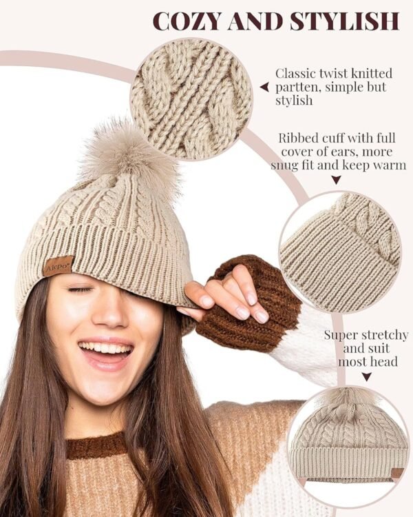 Alepo Womens Winter Beanie Hat, Warm Fleece Lined Knitted Soft Ski Cuff Cap with Pom Pom - Image 5