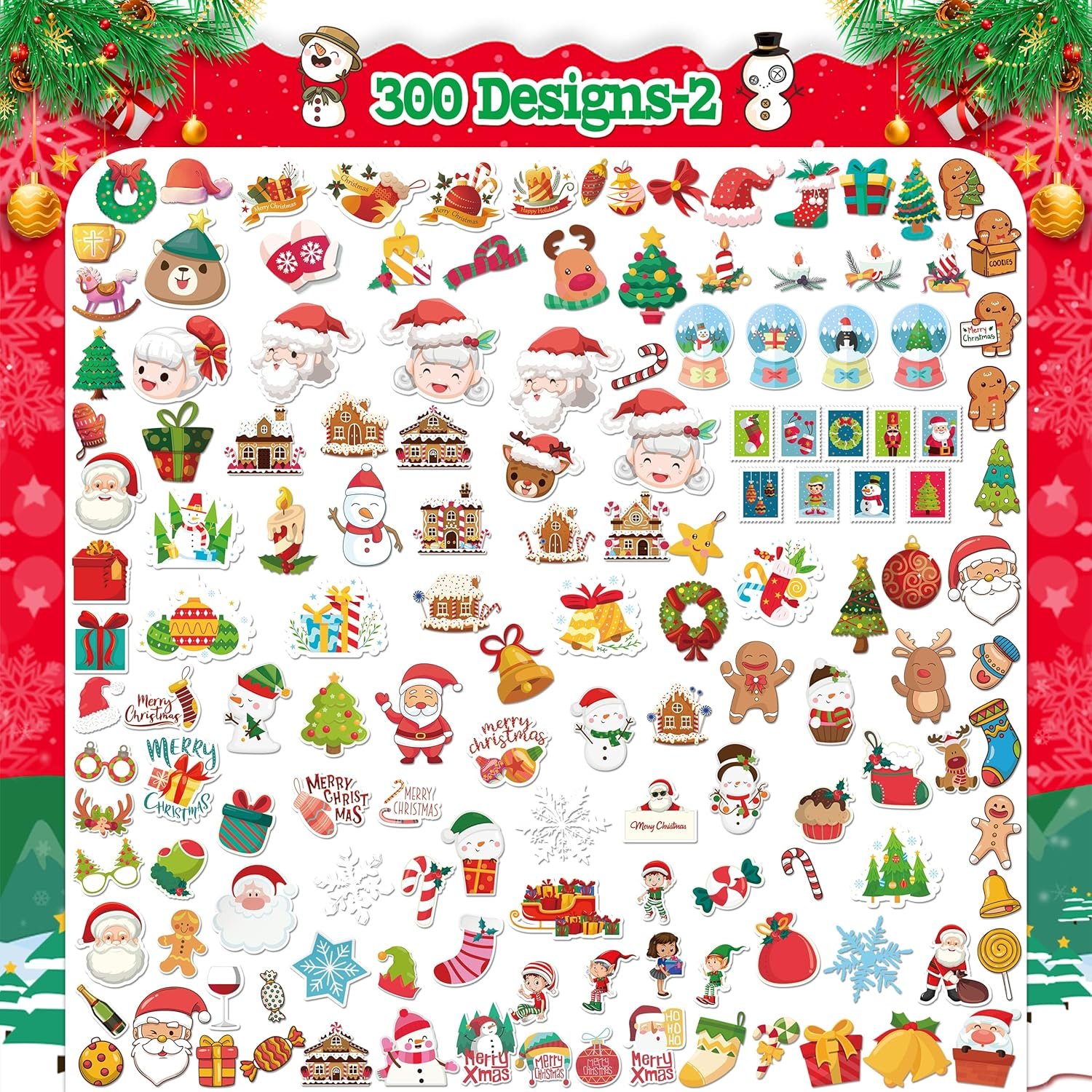 LINAYE 300PCS Christmas Stickers Non-Repeating Waterproof, Adhesive Vinyl Cute Christmas Stickers Pack for Kids, Christmas Party Favors Gifts, Christmas Stickers Bulk for Boys Girls - Image 4