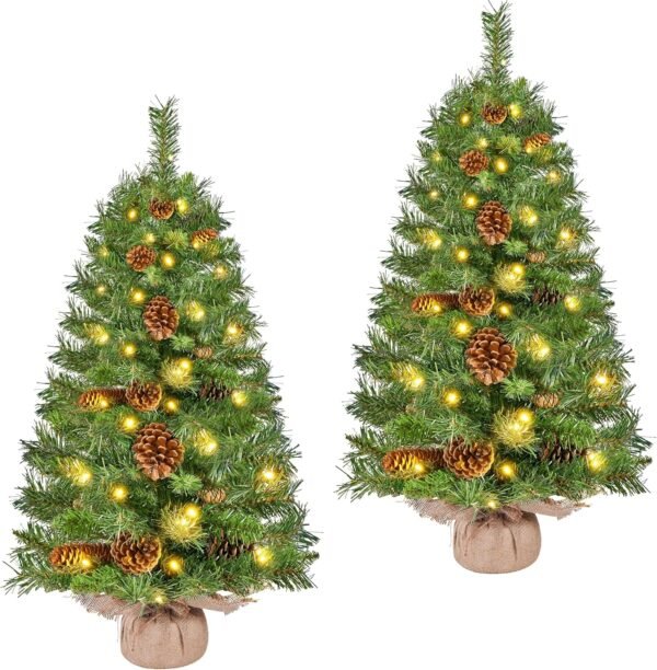 Yaheetech 2Pcs Pre-lit Artificial Mini Christmas Tree, 3ft Tabletop Small Xmas Tree w/20 Pinecones, 50 Warm White LED Lights, Cement Base, Battery-Operated Christmas Tree for Home Party Decor, Green - Image 2