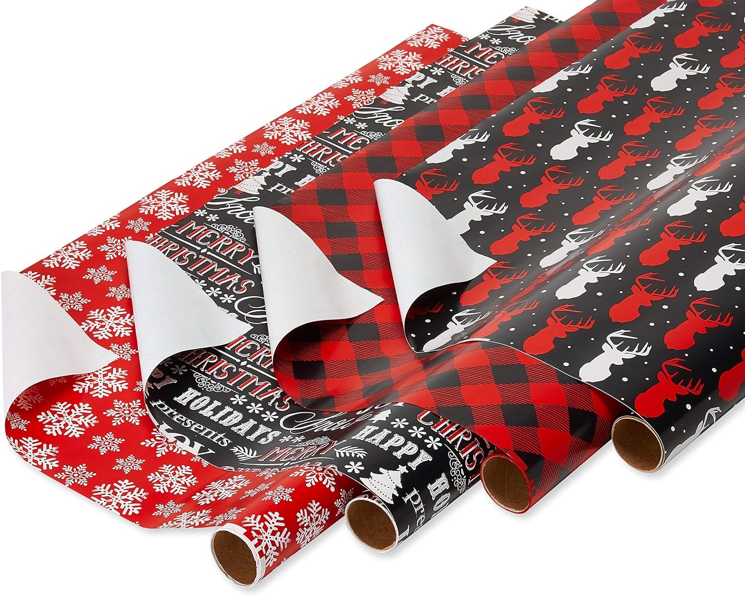 American Greetings 120 sq. ft. Red and Black Christmas Wrapping Paper Set with Cut Lines (4 rolls 30 in. x 12 ft., 7 Bows, 30 Gift Tags), Christmas Text, Plaid, Reindeer and Snowflakes - Image 3