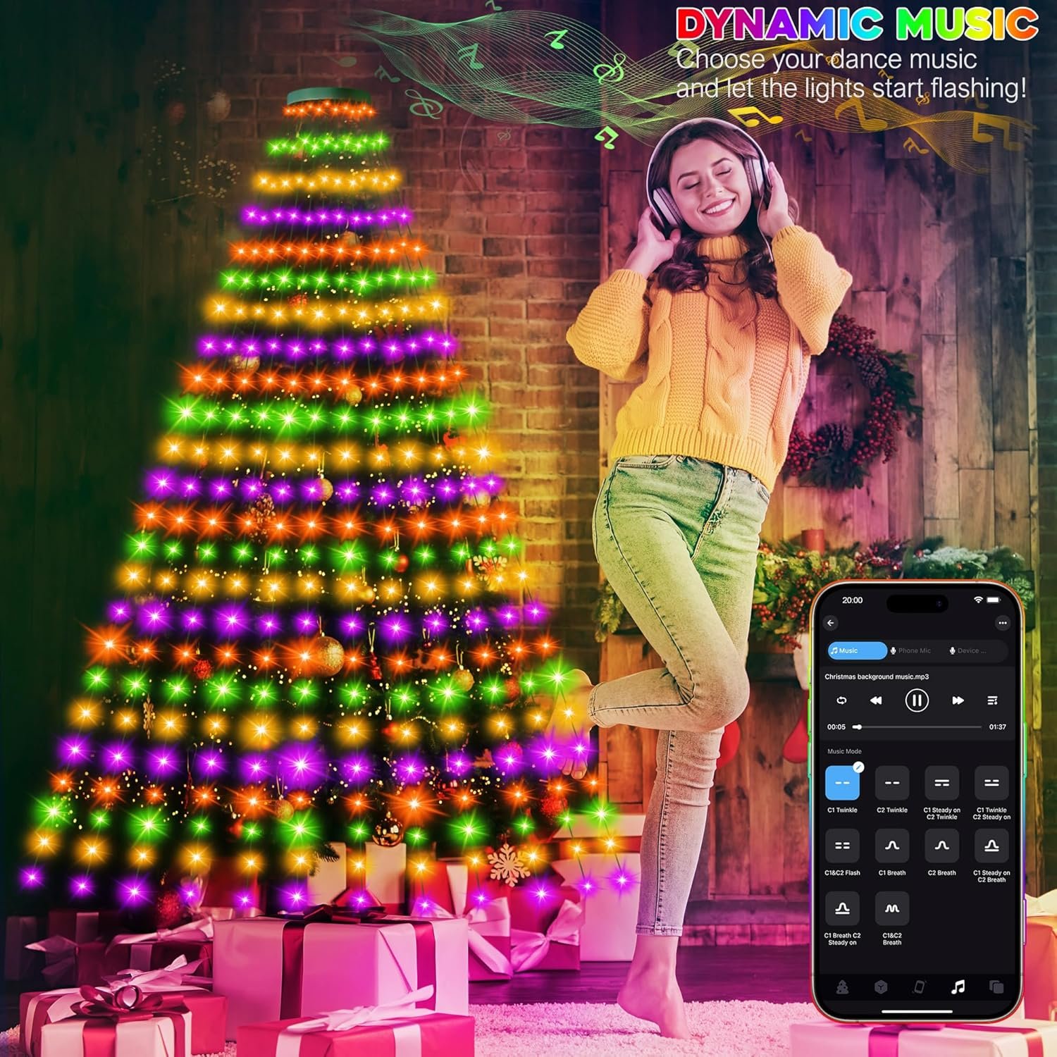 30+ Modes Smart Ring Christmas Tree Lights Indoor Outdoor - 6.56Ft x 12 Lines 288 LED Easy App Control Color Changing Timer Remote Waterproof for 6 7 Ft Xmas Trees (Warm White or Multicolor) - Image 3