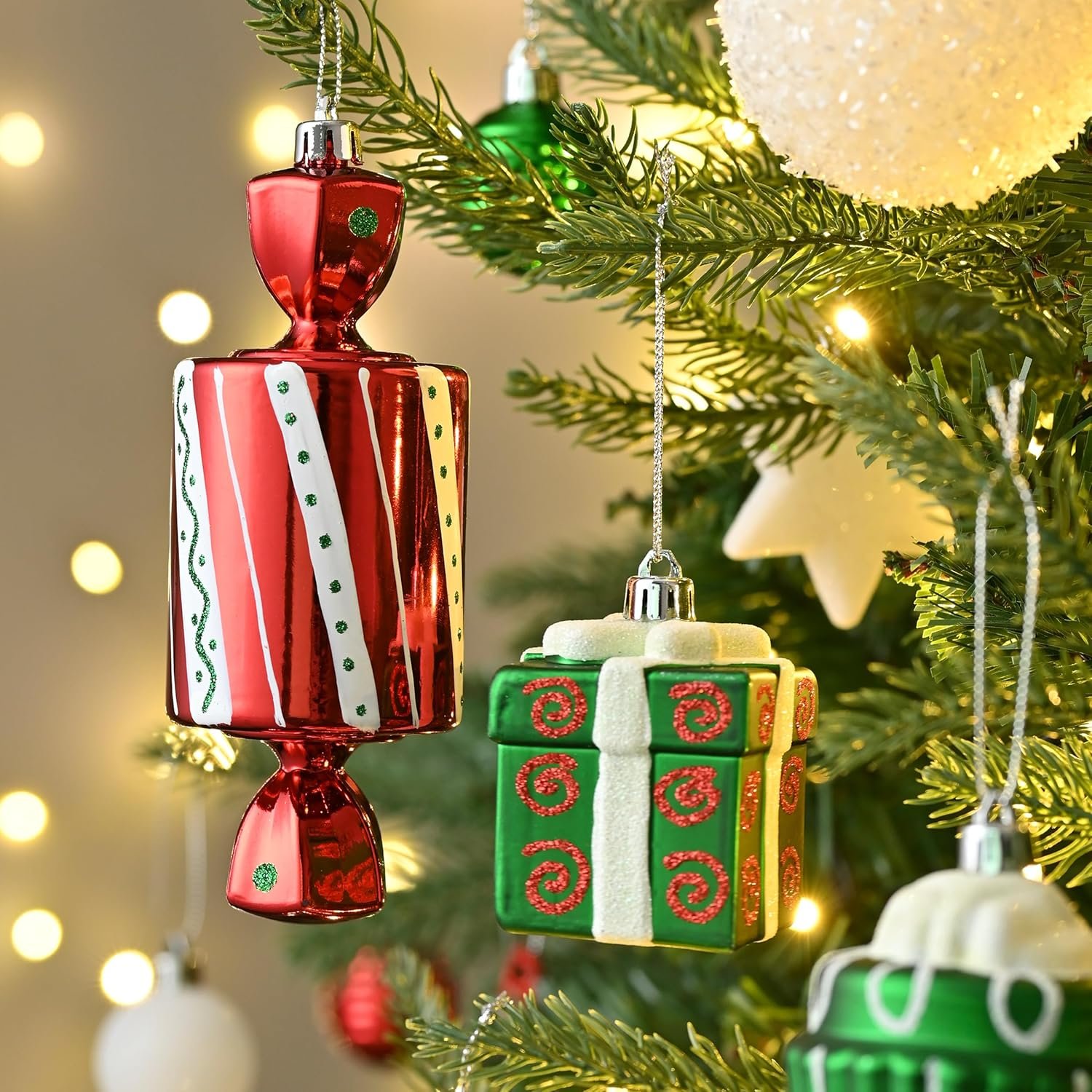 Valery Madelyn 100ct Christmas Ornaments Set, Candy Cane Red Green White Shatterproof Christmas Tree Decorations Ball Ornaments Bulk, Decorative Hanging Ornaments for Xmas Trees Holiday Party Decor - Image 7