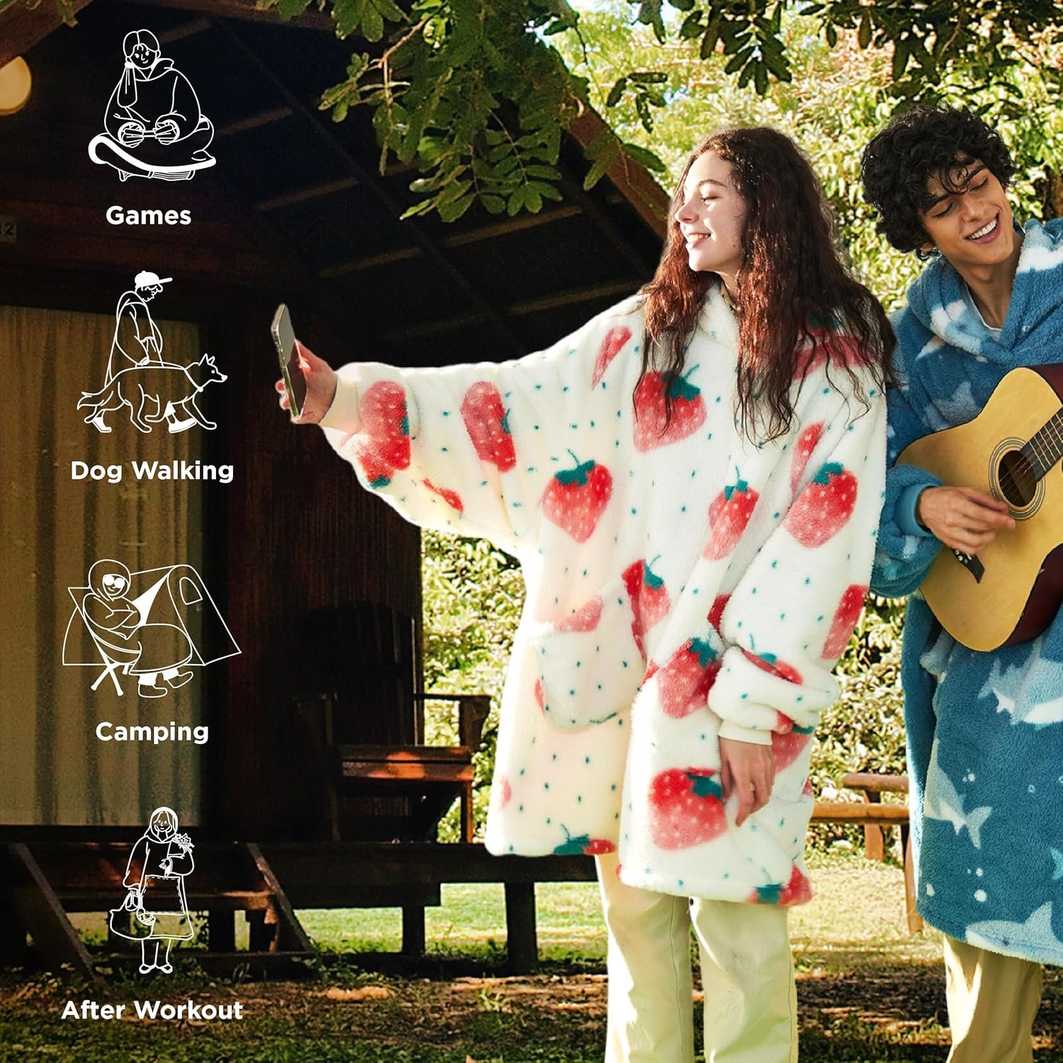 Bedsure Wearable Blanket Hoodie Gifts for Women - Strawberry Printed Shaggy Sherpa Cozy Hoodie Blanket for Adult, Warm Hooded Blanket Sweatshirt - Image 6