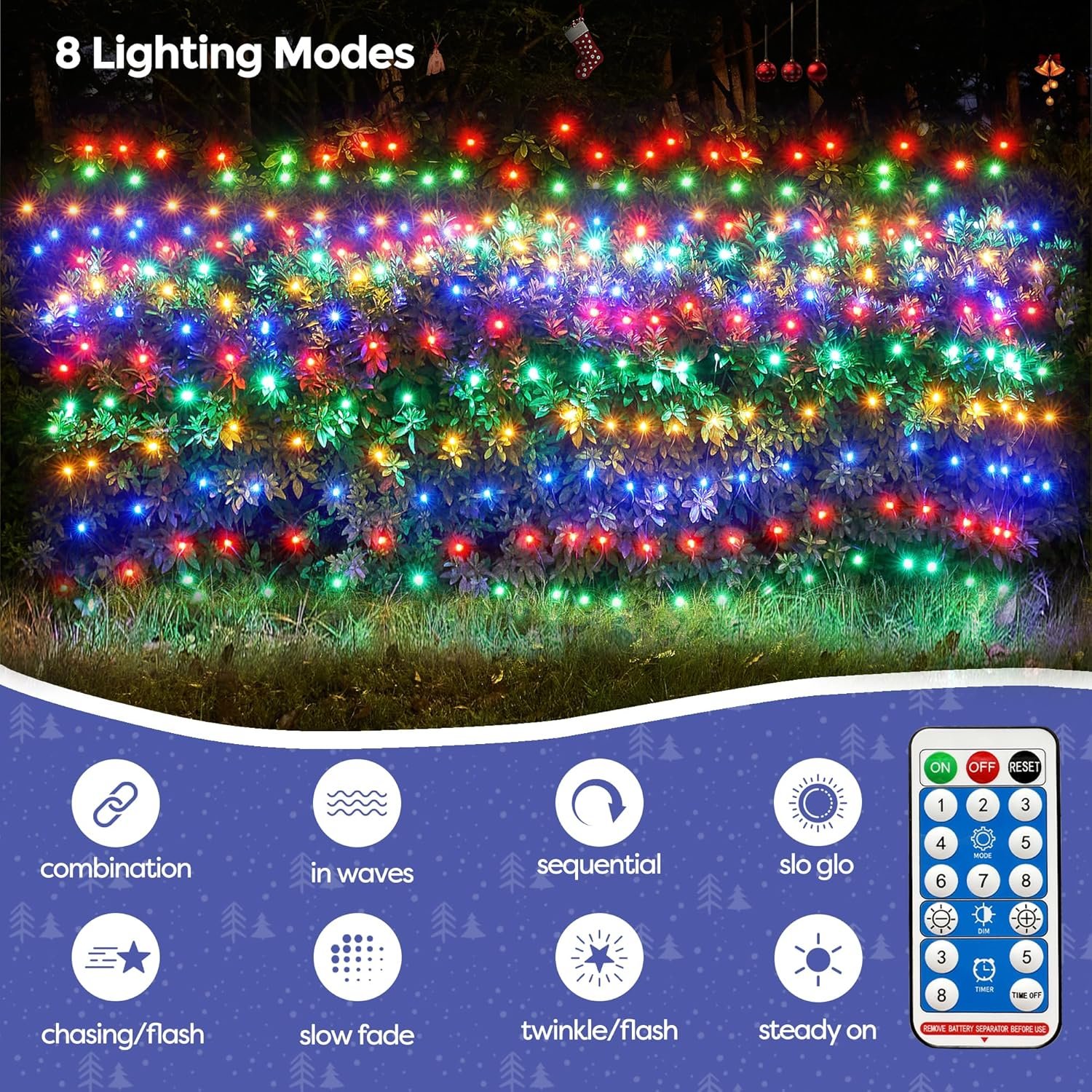WBao Solar Christmas Net Lights, 200LED 8.4ft x 5.2ft Christmas Bush Lights with Remote, 8 Lighting Modes, Timer, Waterproof Design for Lawn, Bushes, Trees Outdoor Christmas Decorations, Multicolor - Image 4