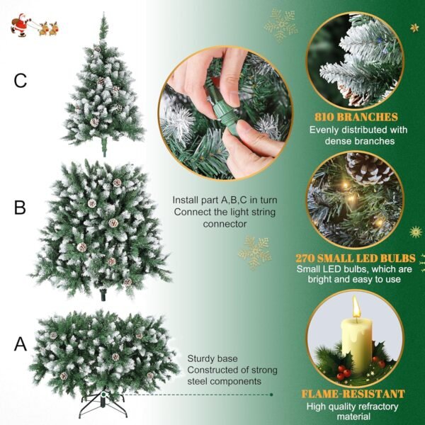 6FT Pre-Decorated Holiday Christmas Tree for Home, Office, Party Decoration 810 PVC Branch Tips, Partially Flocked Design, Pine Cones, Metal Hinges & Base - Green/White - Image 5