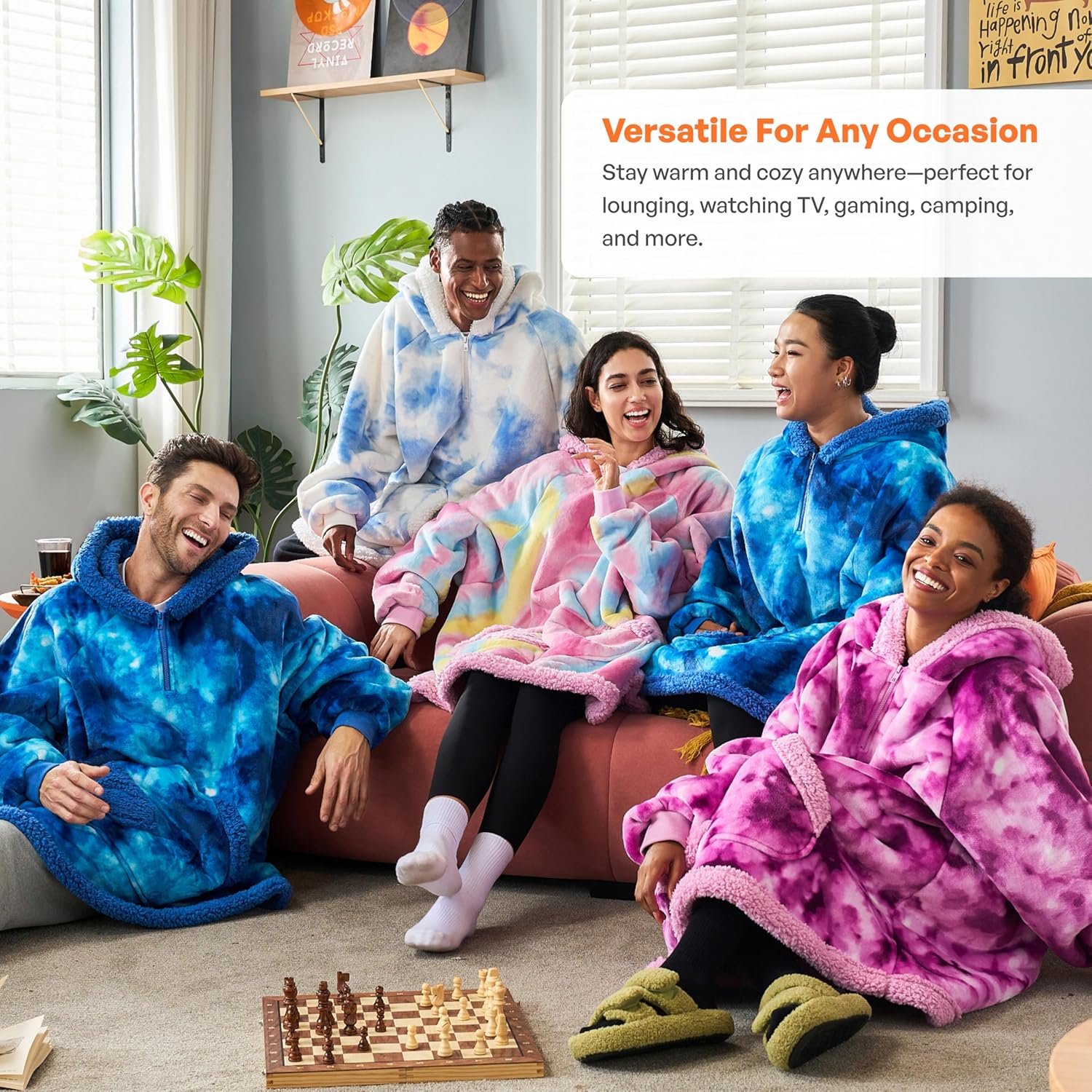 Giggling Getup Wearable Blanket Hoodie for Women Men - Oversized Flannel Sherpa Fleece Sweatshirt Blanket - with Giant Pocket & Sleeves - Cozy Warm Blanket Birthday Gifts for Adults Purple Tie Dye - Image 7