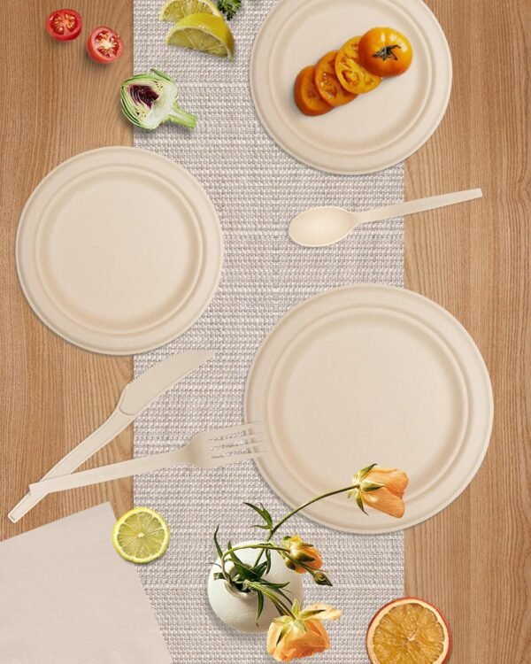 300Pcs Disposable Paper Plates Set, Compostable Plate Sugarcane Utensils Eco Friendly Dinnerware Kit Includes 50 Biodegradable Plates, Forks, Knives and Spoons - Image 8